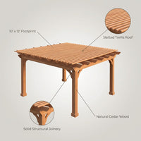 10' X 12' Patio Pergola, Cedar Wood Pergolas with Solid Structure, Pergola Kits, Outdoor Pergolas and Gazebos with Slatted Trellis Roof for Deck Backyard Grill Party Garden — infographic