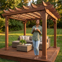 10' X 12' Patio Pergola, Cedar Wood Pergolas with Solid Structure, Pergola Kits, Outdoor Pergolas and Gazebos with Slatted Trellis Roof for Deck Backyard Grill Party Garden — Lifestyle