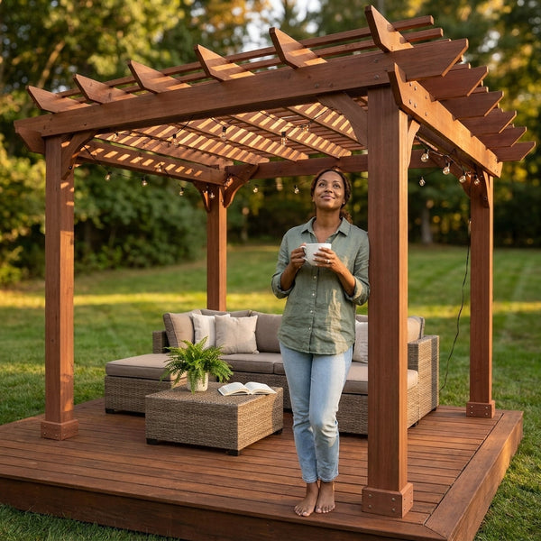Patio Pergola Built for All-Weather Outdoor Living, Cedar Wood Construction, Slatted Trellis Roof, 10x12
