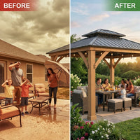 10' X 12' Wooden Gazebo,Patio Hardtop Gazebo Wood,Diy Color Permanent Pavilion with Galvanized Steel Double Metal Roof for Backyard, Deck(Windproof, Snow-Load Bearing, Waterproof, Rustproof) — Before & After