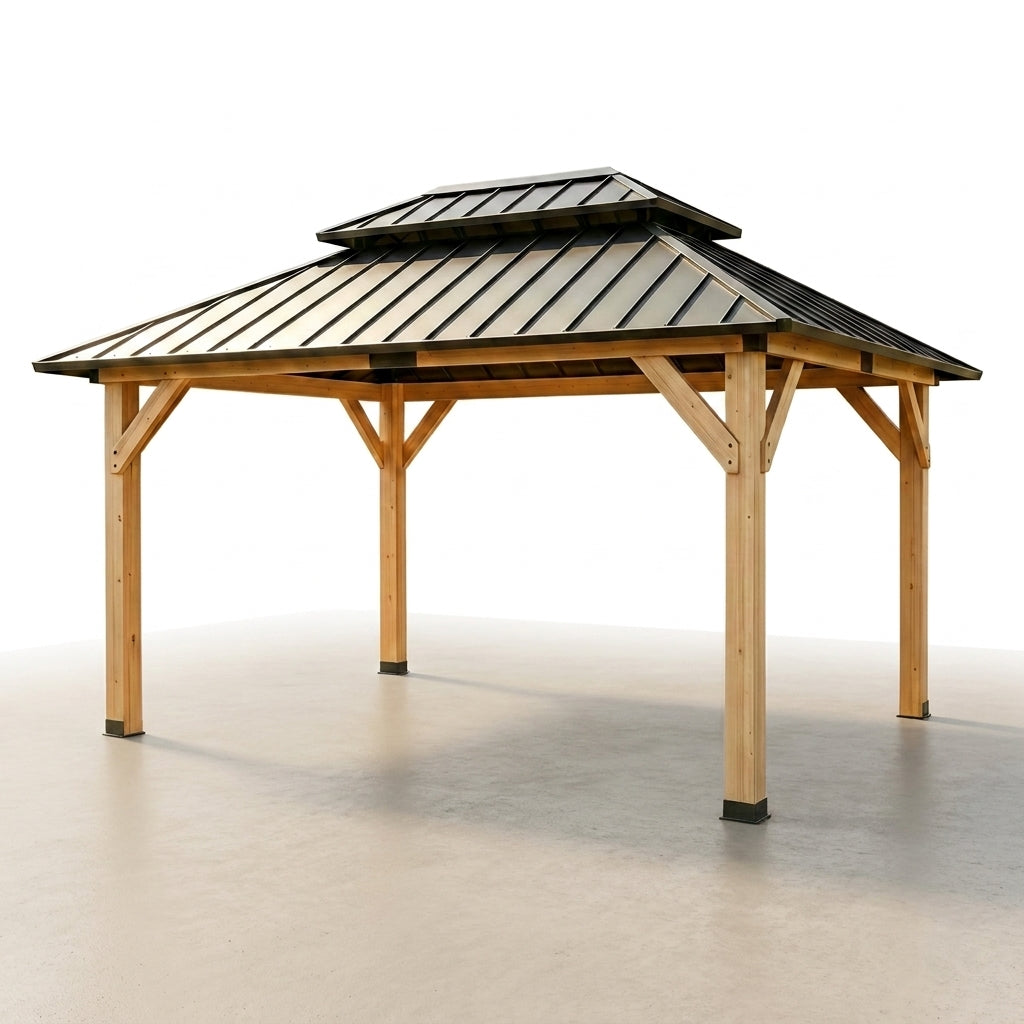 10' X 12' Wooden Gazebo,Patio Hardtop Gazebo Wood,Diy Color Permanent Pavilion with Galvanized Steel Double Metal Roof for Backyard, Deck(Windproof, Snow-Load Bearing, Waterproof, Rustproof) — Studio Shot