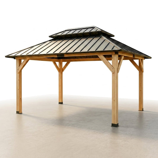 10' X 12' Wooden Gazebo,Patio Hardtop Gazebo Wood,Diy Color Permanent Pavilion with Galvanized Steel Double Metal Roof for Backyard, Deck(Windproof, Snow-Load Bearing, Waterproof, Rustproof) — Studio Shot