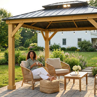10' X 12' Wooden Gazebo,Patio Hardtop Gazebo Wood,Diy Color Permanent Pavilion with Galvanized Steel Double Metal Roof for Backyard, Deck(Windproof, Snow-Load Bearing, Waterproof, Rustproof) — Lifestyle