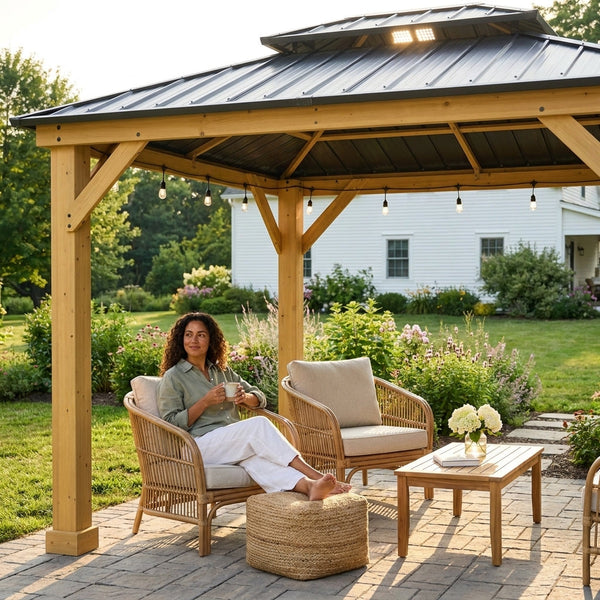 Wooden Gazebo Built to Last Outdoors, 10x12 Hardtop, Galvanized Steel Roof, Wood Frame, Weather Resistant