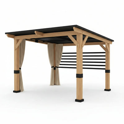 10 Ft. X 11 Ft. Cedar Wood Outdoor Gazebo with Steel Roof and Privacy Curtains