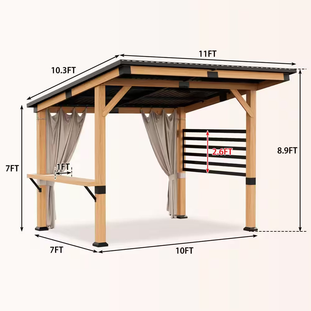 10 Ft. X 11 Ft. Cedar Wood Outdoor Gazebo with Steel Roof and Privacy Curtains