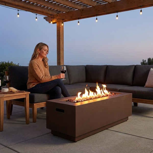 Propane Gas Fire Pit Built for Outdoor Gatherings, 50,000 BTU, 48 Inch Square Iron Design, Brown Finish
