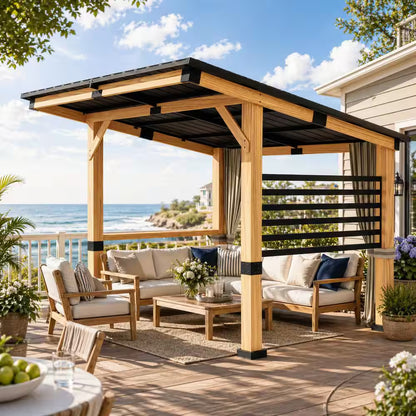 10 Ft. X 11 Ft. Cedar Wood Outdoor Gazebo with Steel Roof and Privacy Curtains