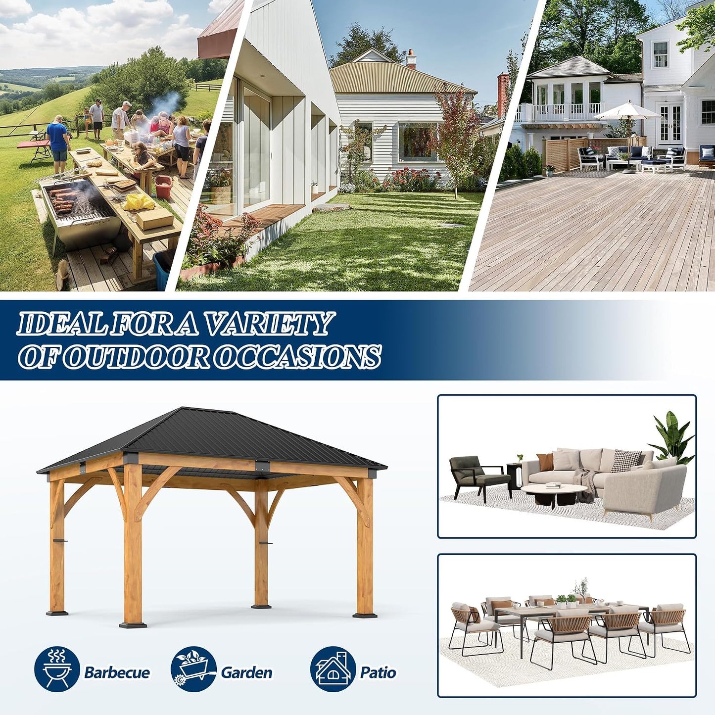 11' X 13' Wooden Gazebo with Galvanized Steel Roof, Outdoor Spruce Wood Patio Gazebo, Heavy-Duty Hardtop Gazebo for Garden, Poolside, Deck & Backyard
