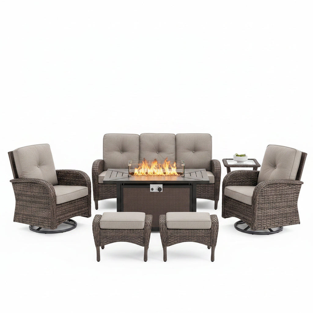 7 Piece Outdoor Patio Furniture Set, Patio Furniture Set with Fire Pit Table Rattan Wicker Patio Furniture Set, Brown Wicker & Beige Cushion