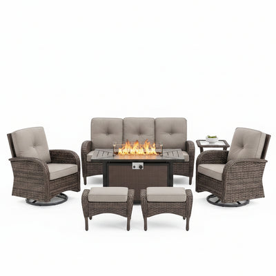 7 Piece Outdoor Patio Furniture Set, Patio Furniture Set with Fire Pit Table Rattan Wicker Patio Furniture Set, Brown Wicker & Beige Cushion