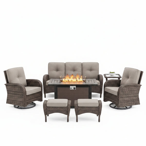 7 Piece Outdoor Patio Furniture Set, Patio Furniture Set with Fire Pit Table Rattan Wicker Patio Furniture Set, Brown Wicker & Beige Cushion