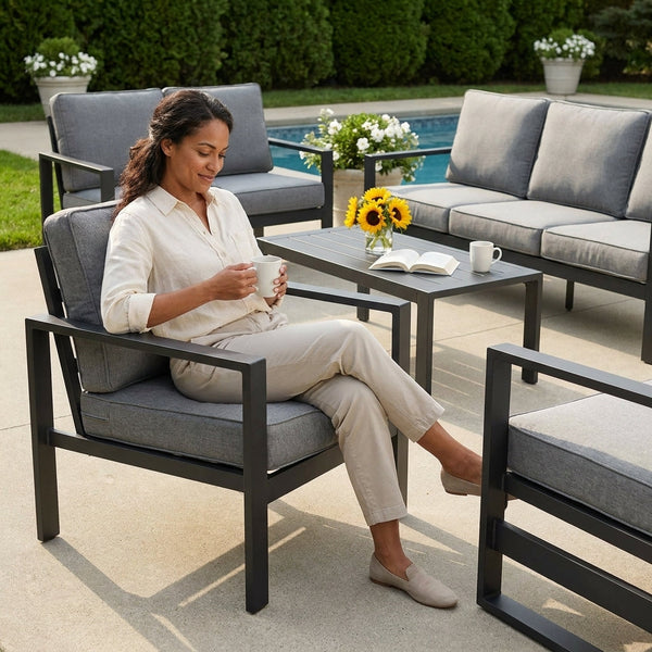 Aluminum Patio Furniture Set Built for All Weather, 7 Piece Metal Set, Waterproof Covers, 5-Inch Cushions
