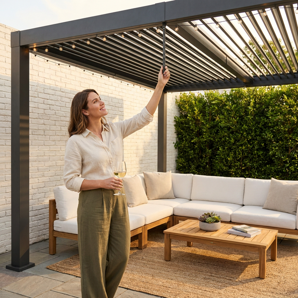 Outdoor Pergola Built for Year-Round Use, Adjustable Louvered Roof, Reinforced Aluminum Frame, Drainage System