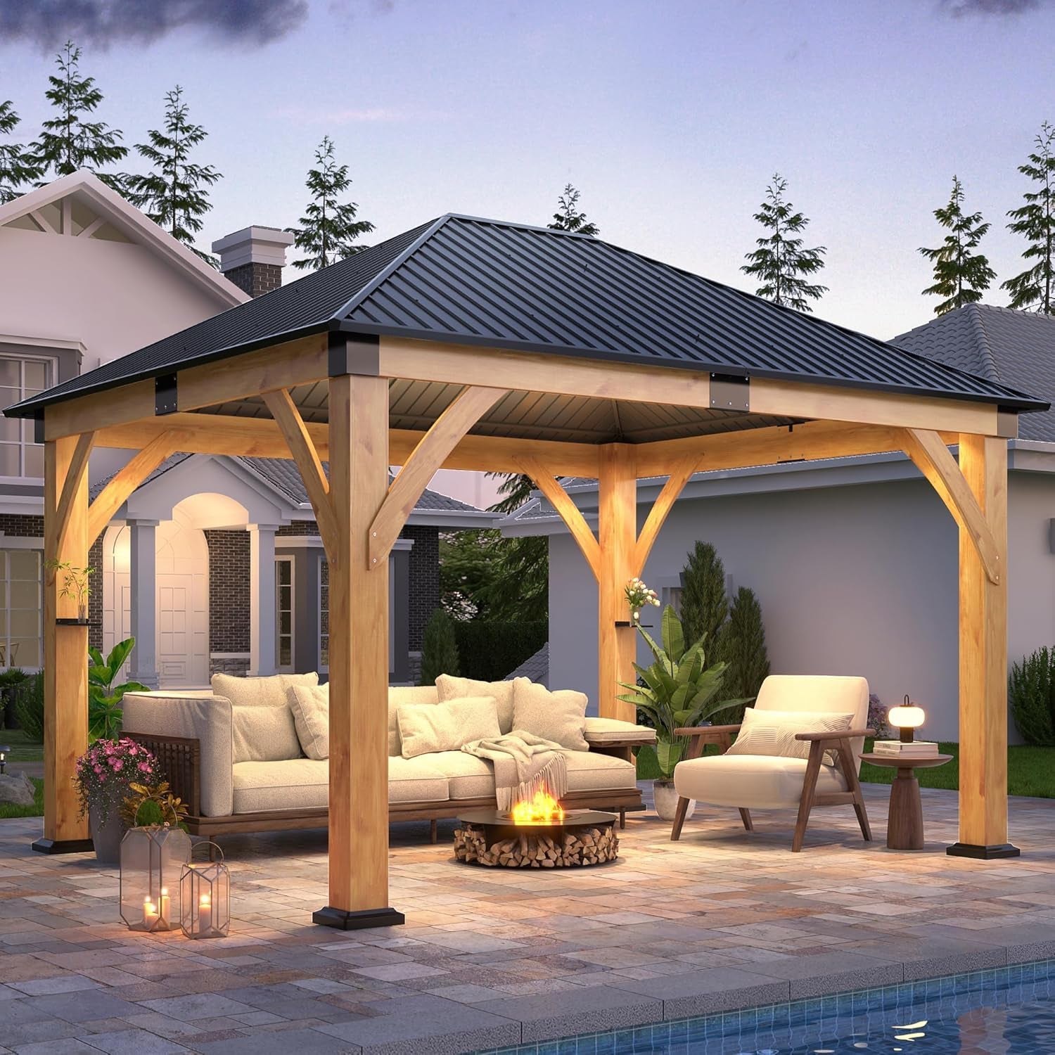 11' X 13' Wooden Gazebo with Galvanized Steel Roof, Outdoor Spruce Wood Patio Gazebo, Heavy-Duty Hardtop Gazebo for Garden, Poolside, Deck & Backyard