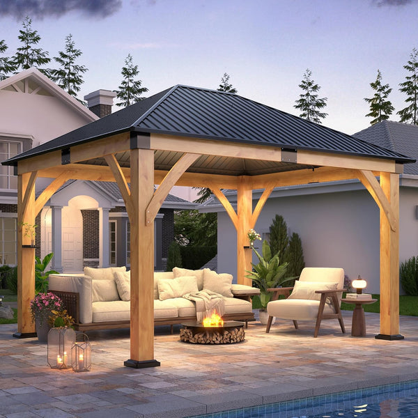 11' X 13' Wooden Gazebo with Galvanized Steel Roof, Outdoor Spruce Wood Patio Gazebo, Heavy-Duty Hardtop Gazebo for Garden, Poolside, Deck & Backyard