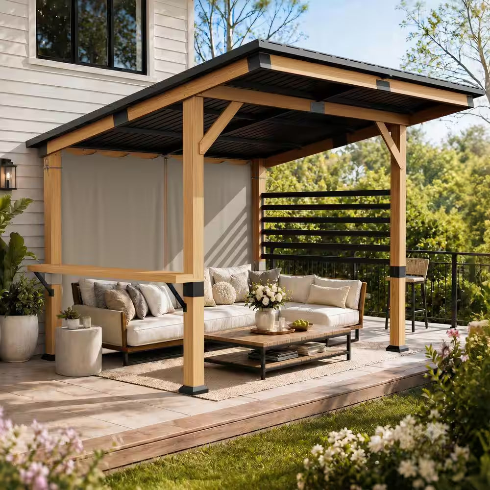 10 Ft. X 11 Ft. Cedar Wood Outdoor Gazebo with Steel Roof and Privacy Curtains